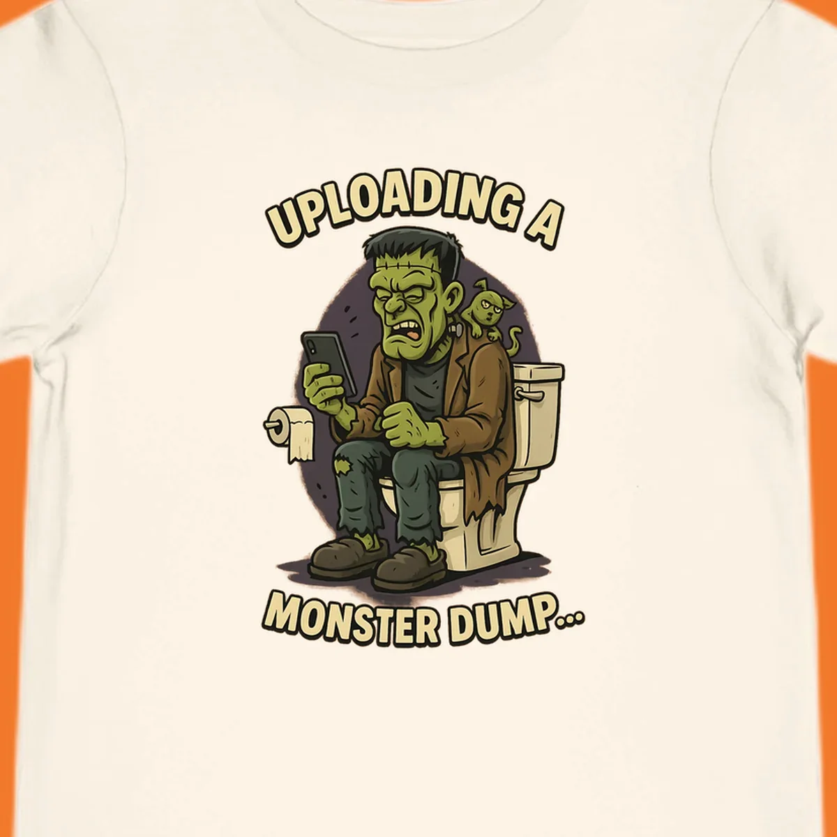 Frankenstein monster on toilet using phone with text uploading a monster dump, Halloween design.