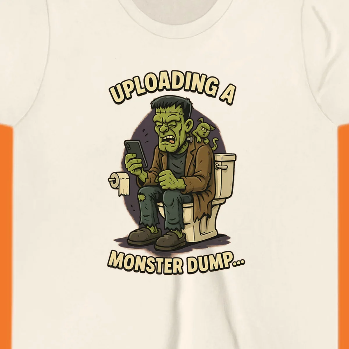 Frankenstein monster on toilet using phone with text uploading a monster dump, Halloween design.