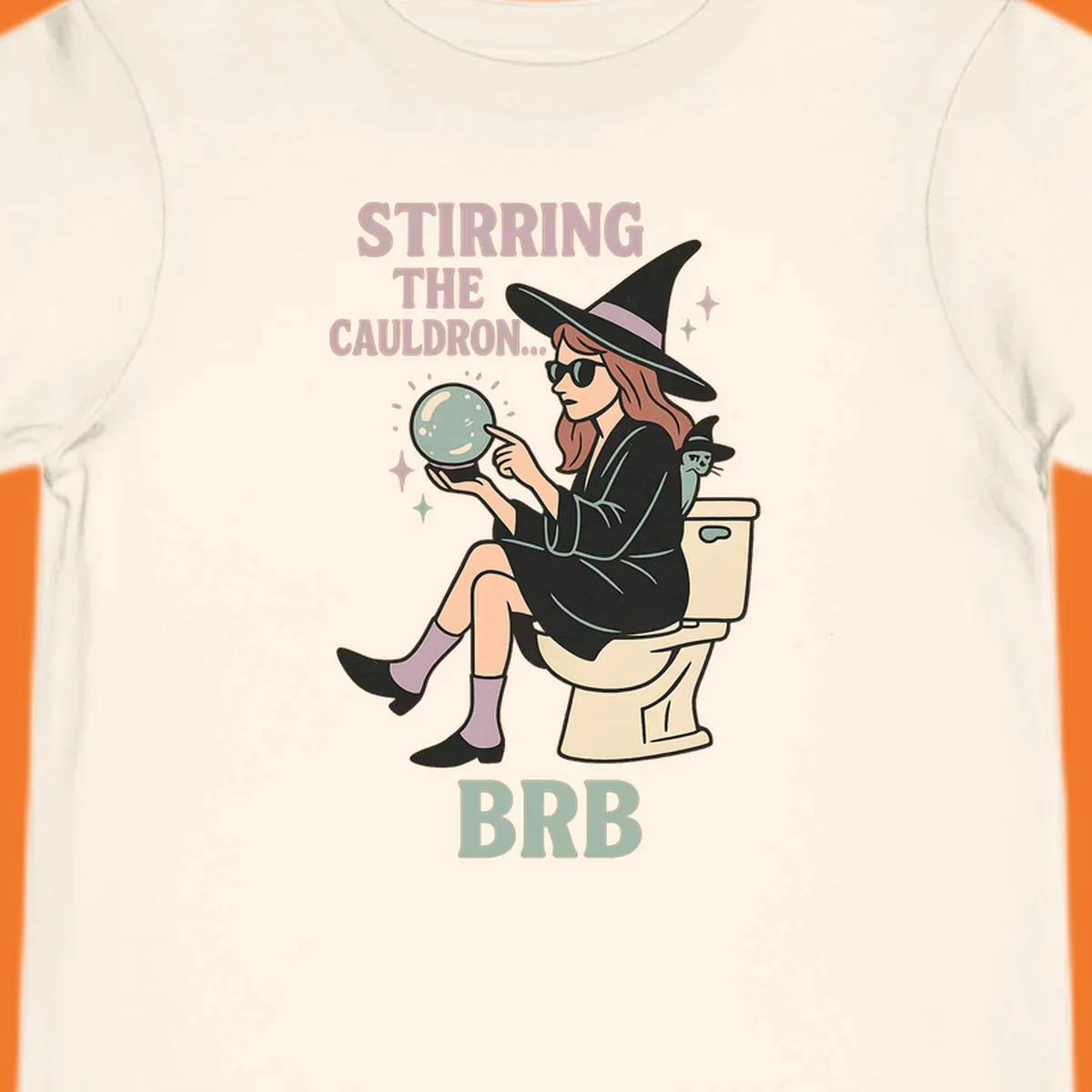 Witch sitting on toilet with crystal ball, text says Stirring The Cauldron BRB.