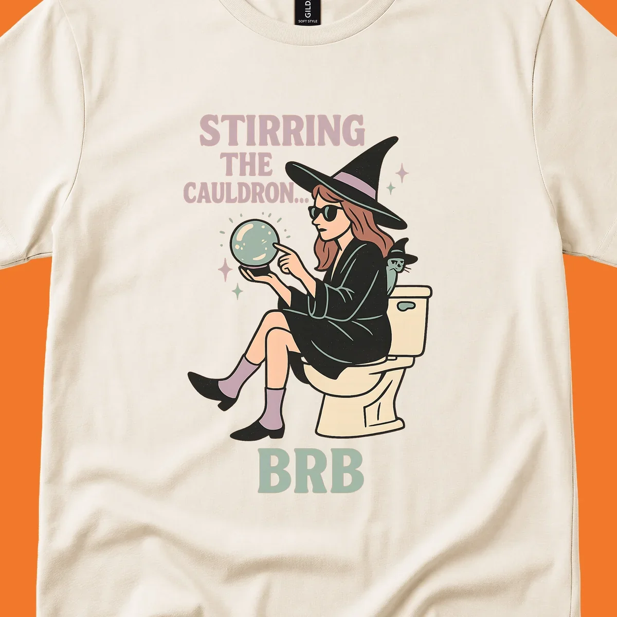Witch sitting on toilet with crystal ball, text says Stirring The Cauldron BRB.