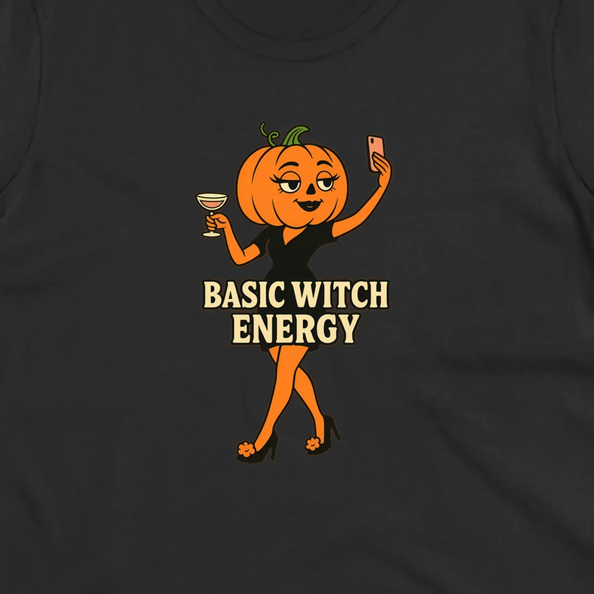 Pumpkin character with 'BASIC WITCH ENERGY' text, holding a cocktail and phone for a selfie.
