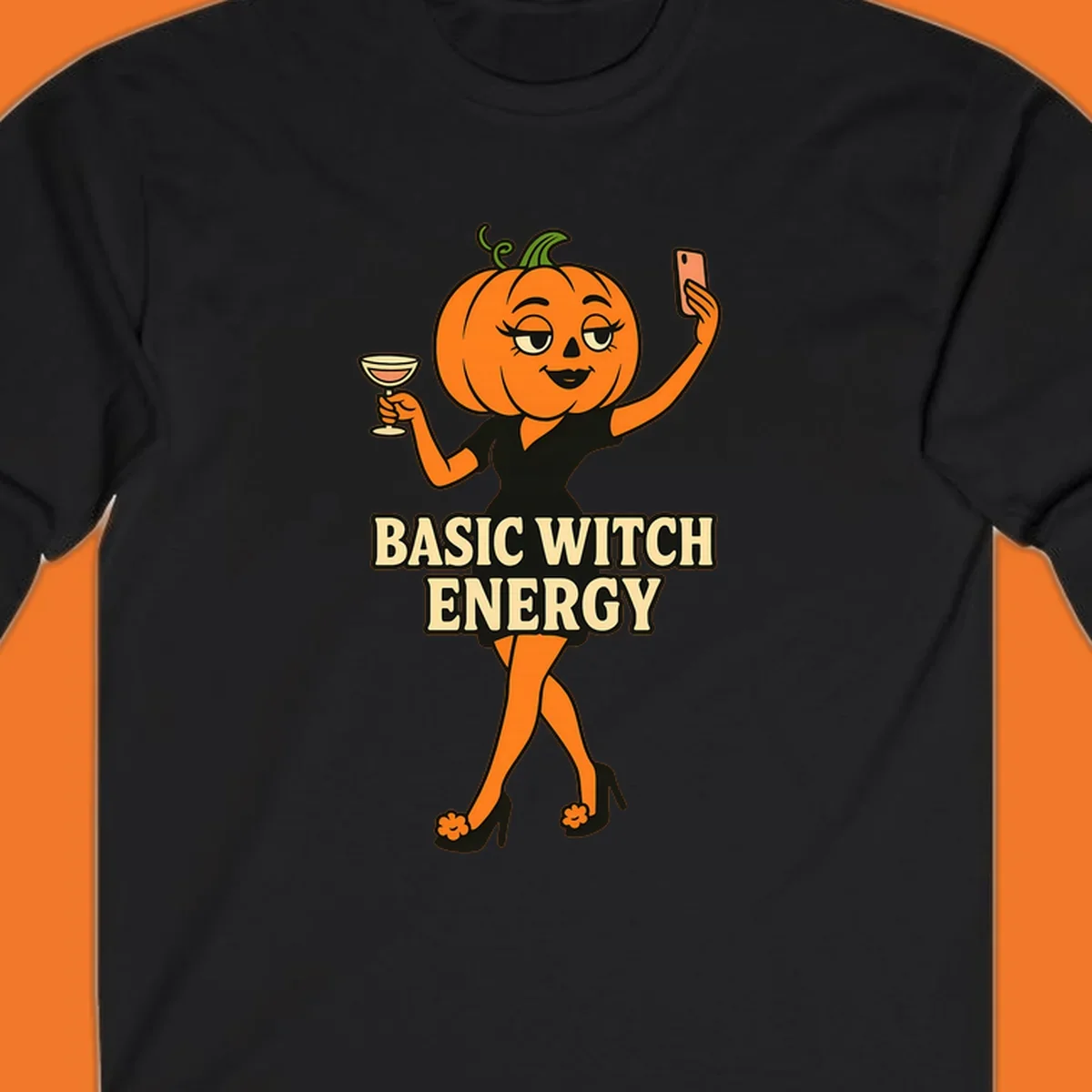 Pumpkin character with 'BASIC WITCH ENERGY' text, holding a cocktail and phone for a selfie.