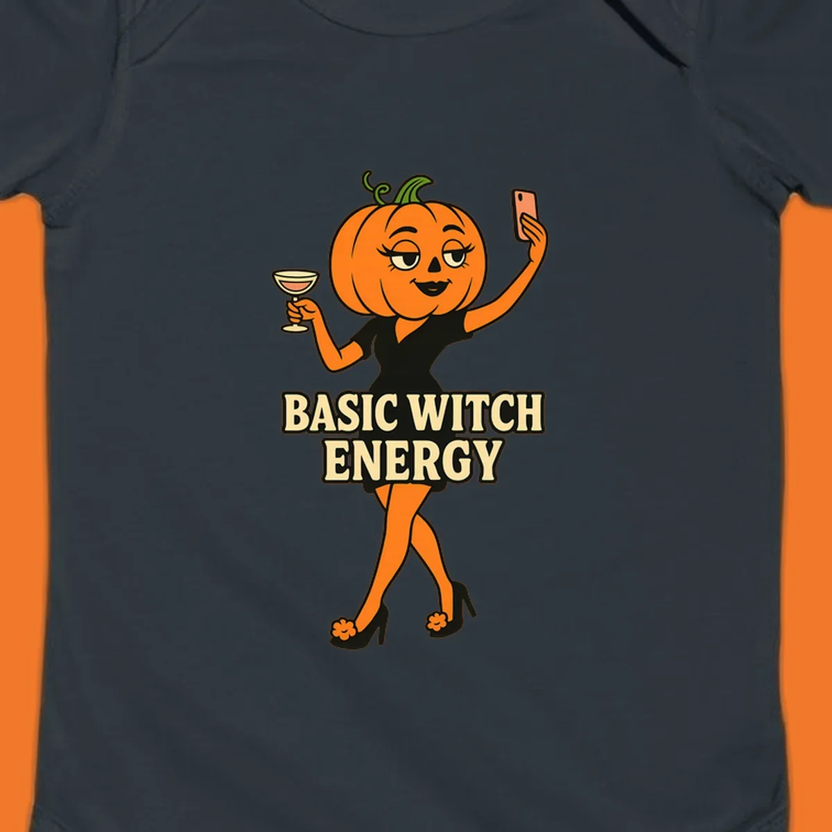 Pumpkin character with 'BASIC WITCH ENERGY' text, holding a cocktail and phone for a selfie.