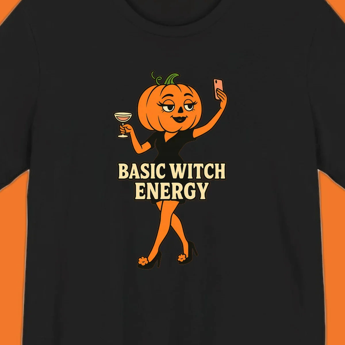 Pumpkin character with 'BASIC WITCH ENERGY' text, holding a cocktail and phone for a selfie.