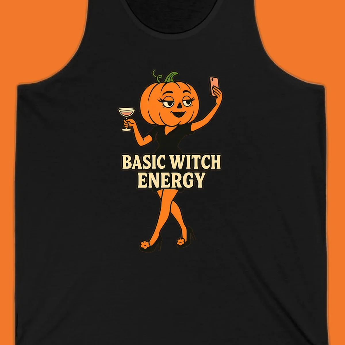 Pumpkin character with 'BASIC WITCH ENERGY' text, holding a cocktail and phone for a selfie.