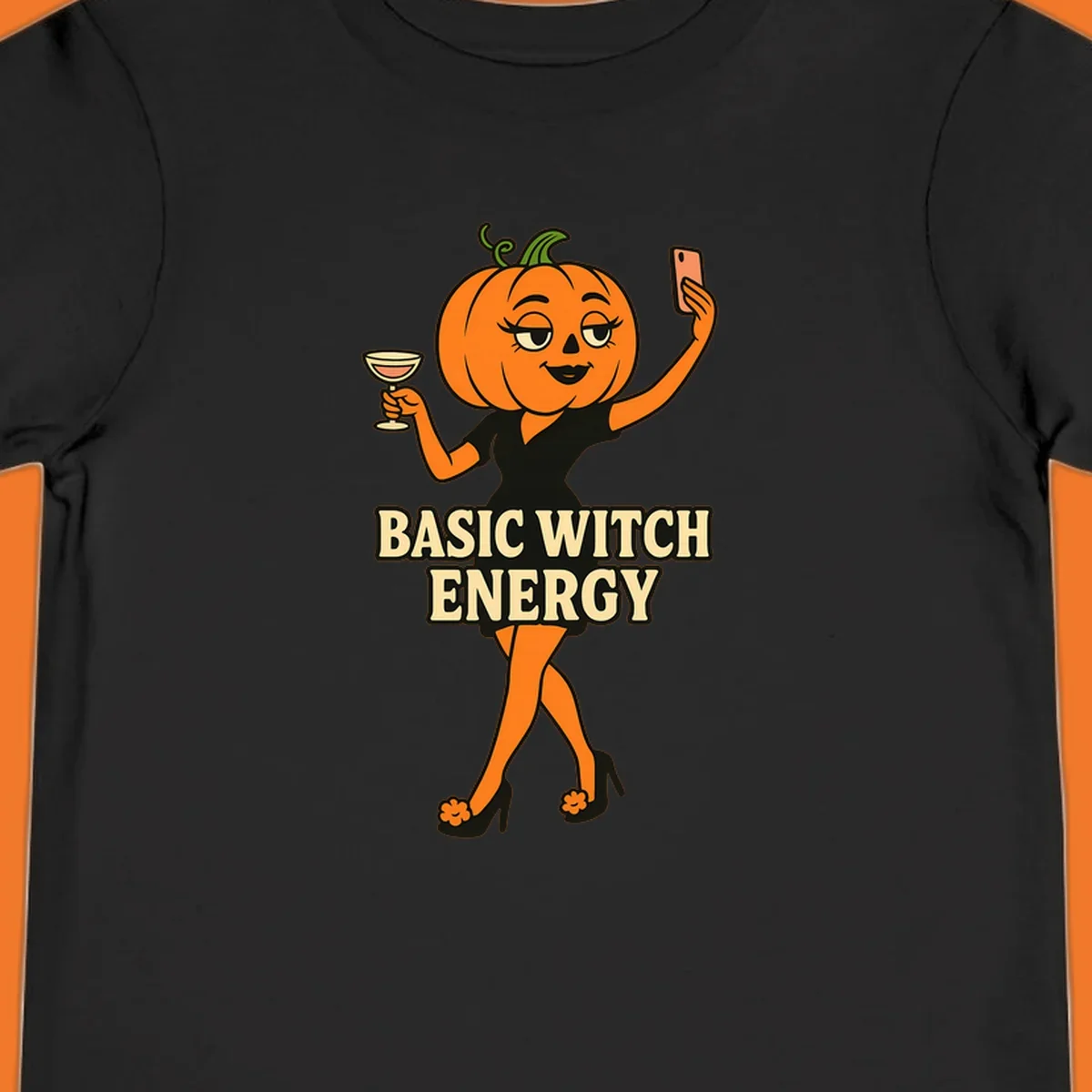 Pumpkin character with 'BASIC WITCH ENERGY' text, holding a cocktail and phone for a selfie.