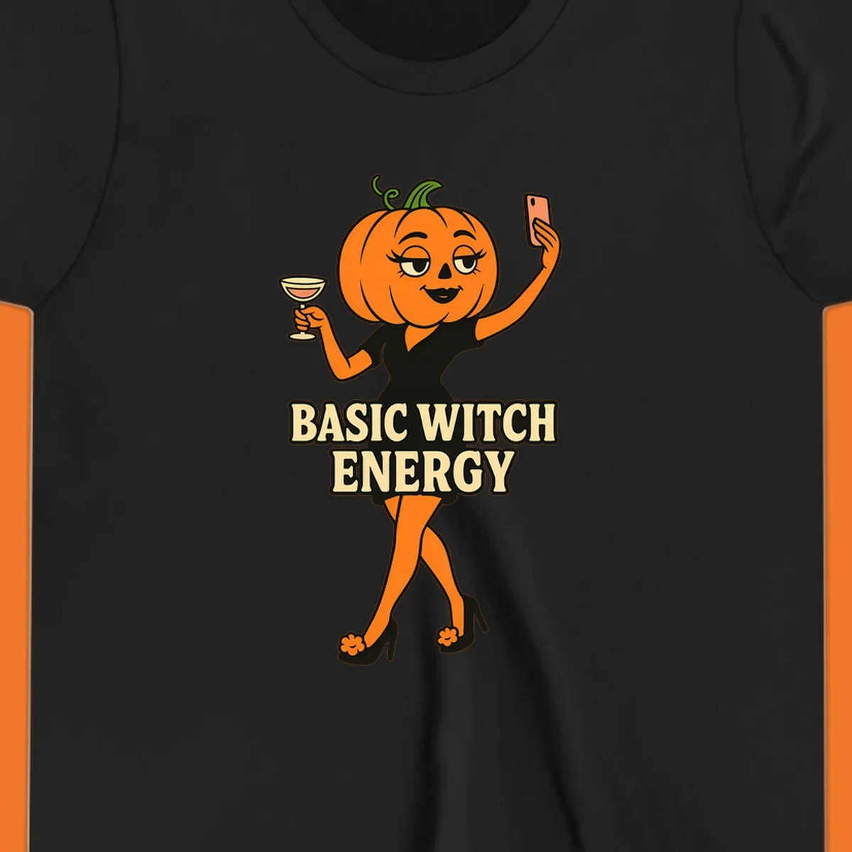 Pumpkin character with 'BASIC WITCH ENERGY' text, holding a cocktail and phone for a selfie.