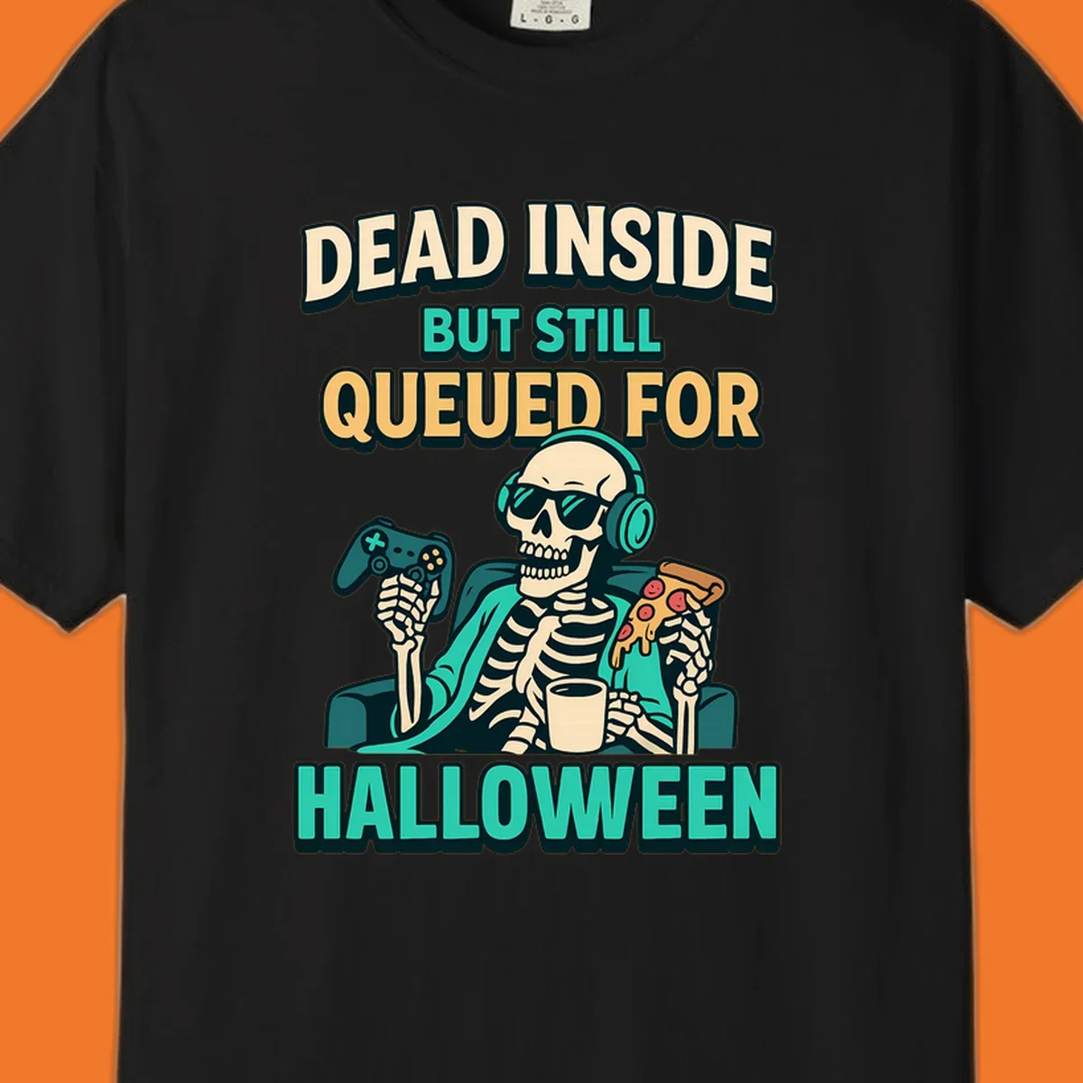 Dead inside halloween gamer skeleton with pizza and controller