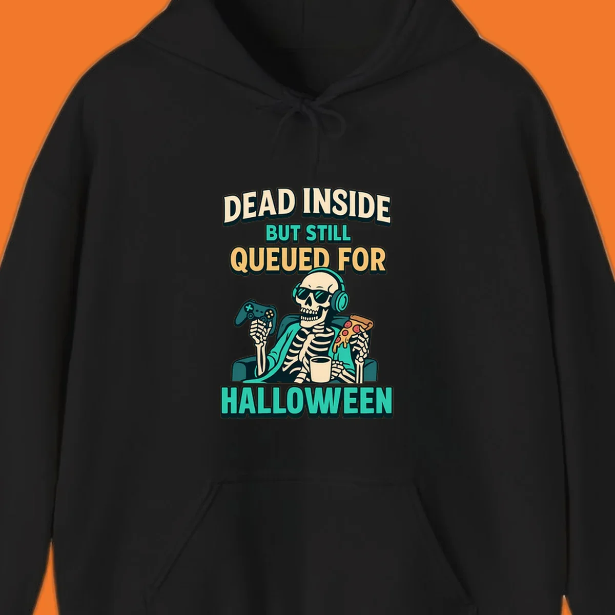 Dead inside halloween gamer skeleton with pizza and controller