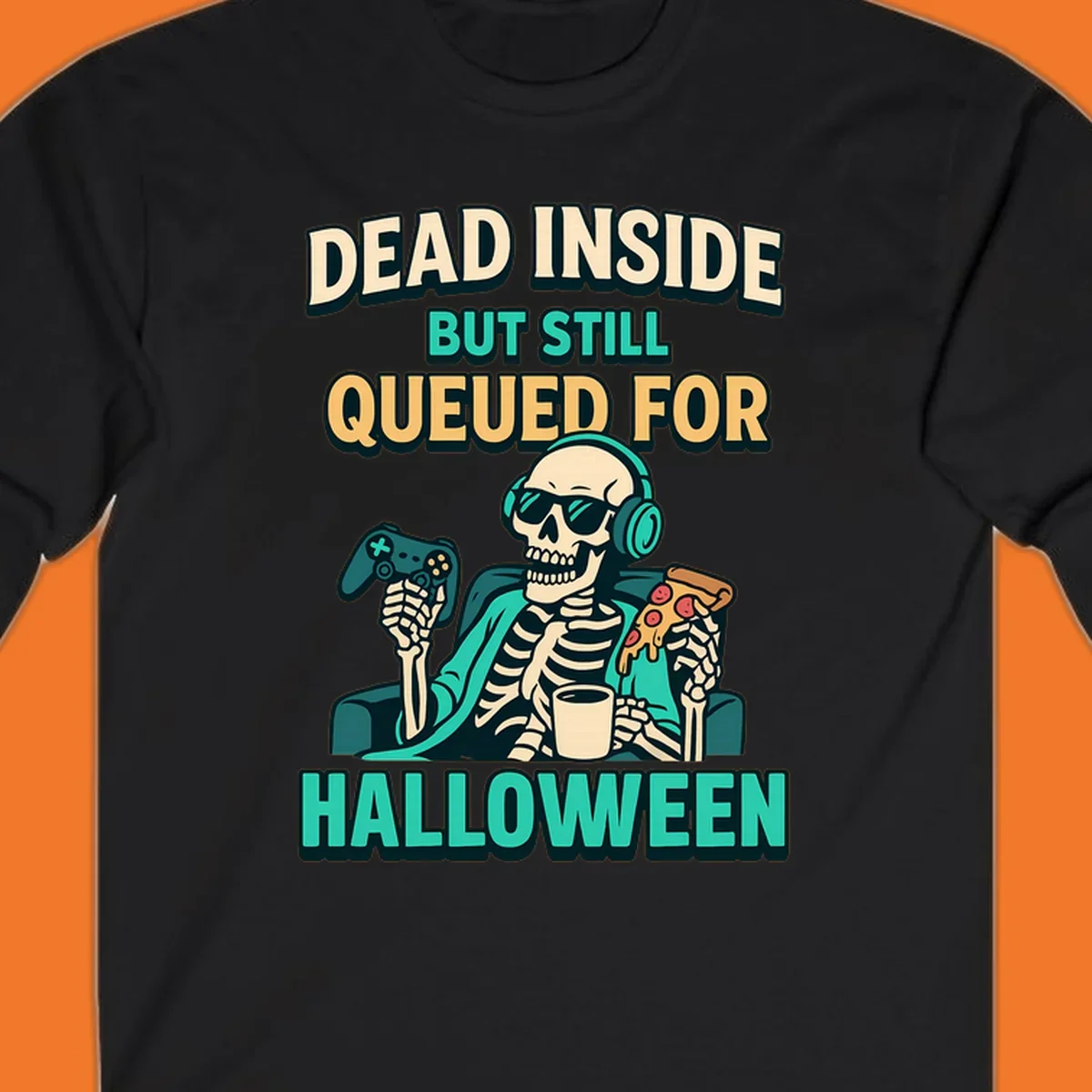 Dead inside halloween gamer skeleton with pizza and controller