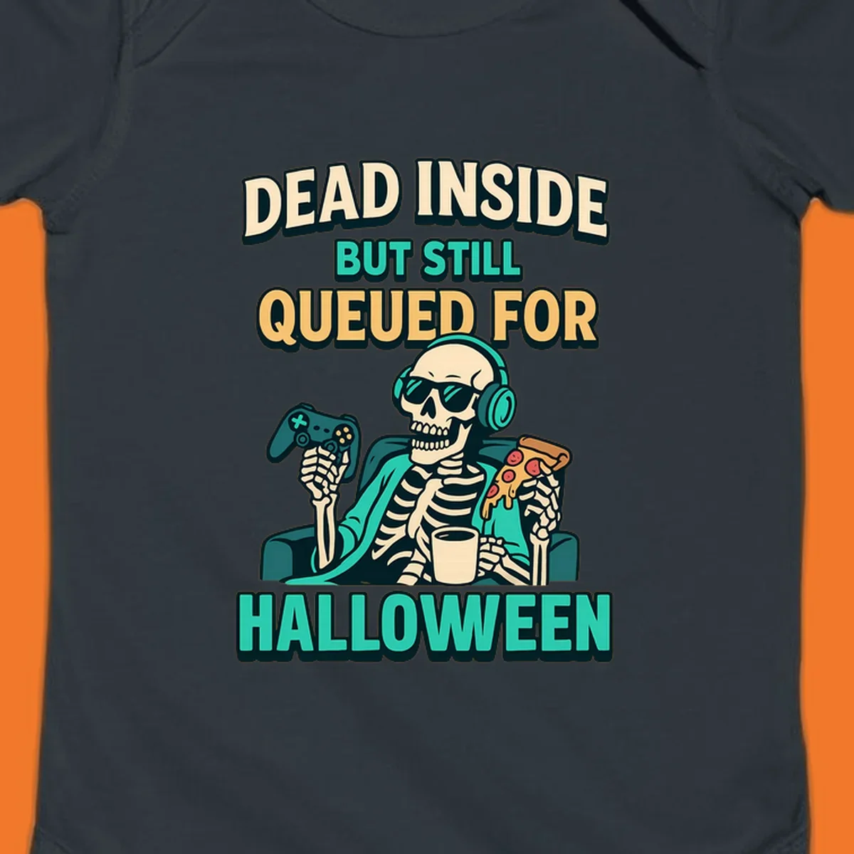 Dead inside halloween gamer skeleton with pizza and controller