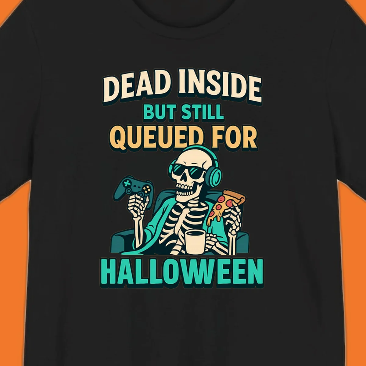 Dead inside halloween gamer skeleton with pizza and controller