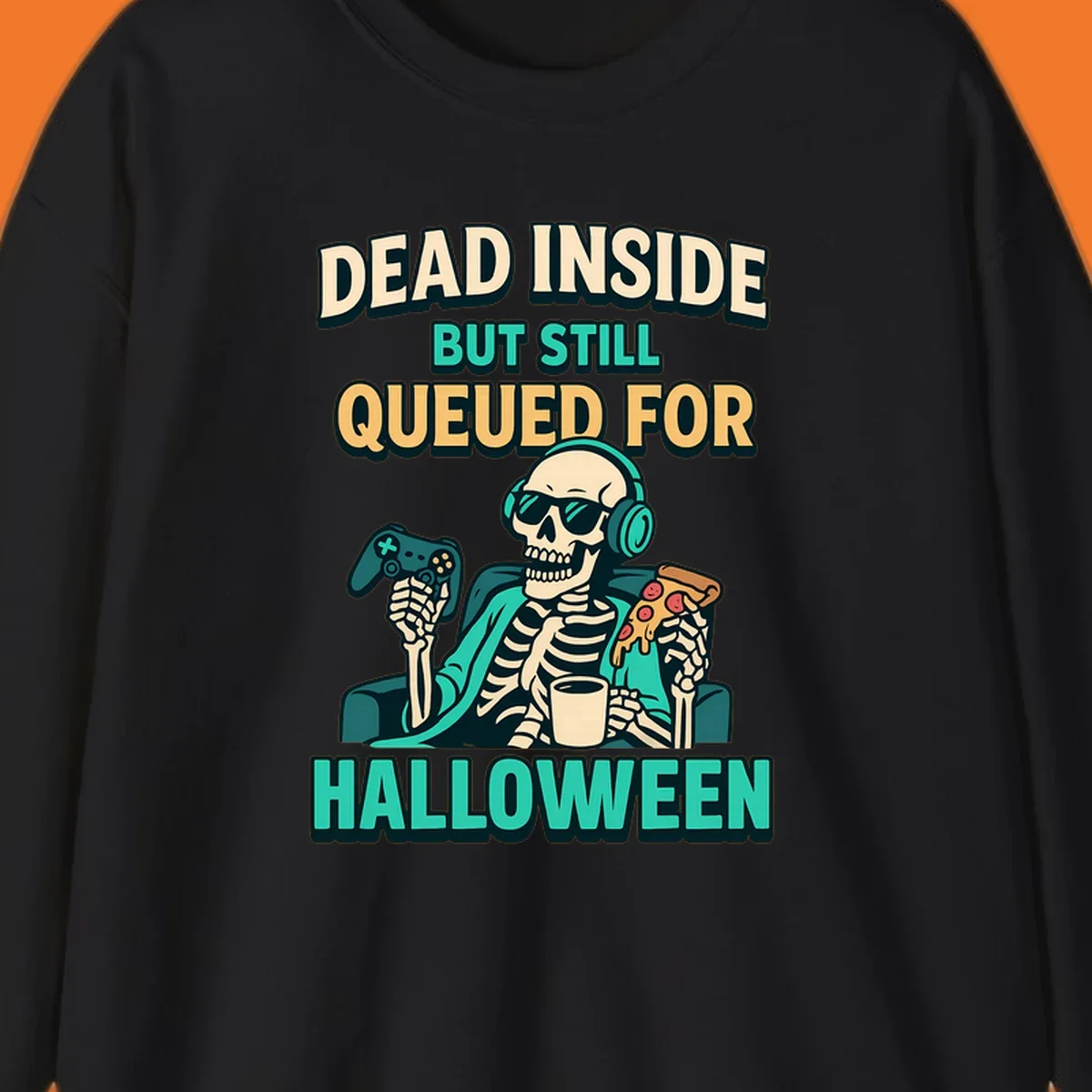 Dead inside halloween gamer skeleton with pizza and controller