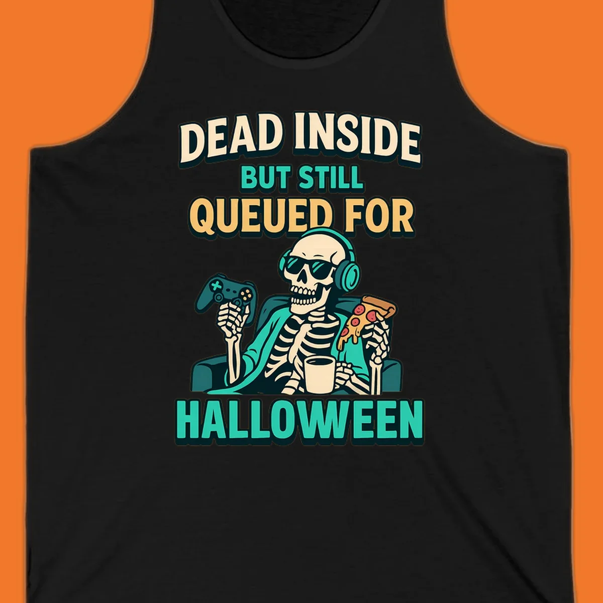 Dead inside halloween gamer skeleton with pizza and controller
