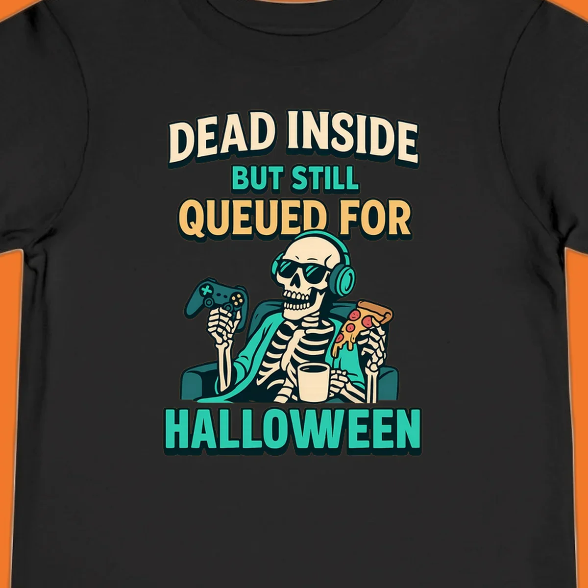 Dead inside halloween gamer skeleton with pizza and controller