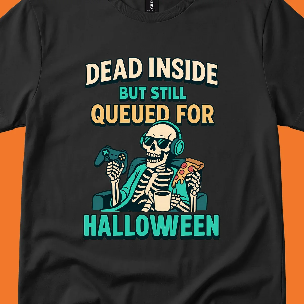 Dead inside halloween gamer skeleton with pizza and controller