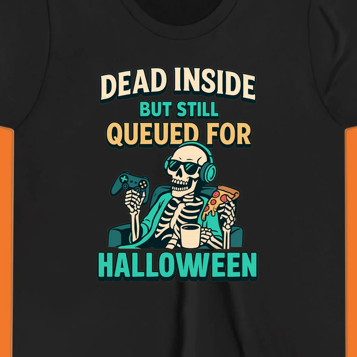 Dead inside halloween gamer skeleton with pizza and controller