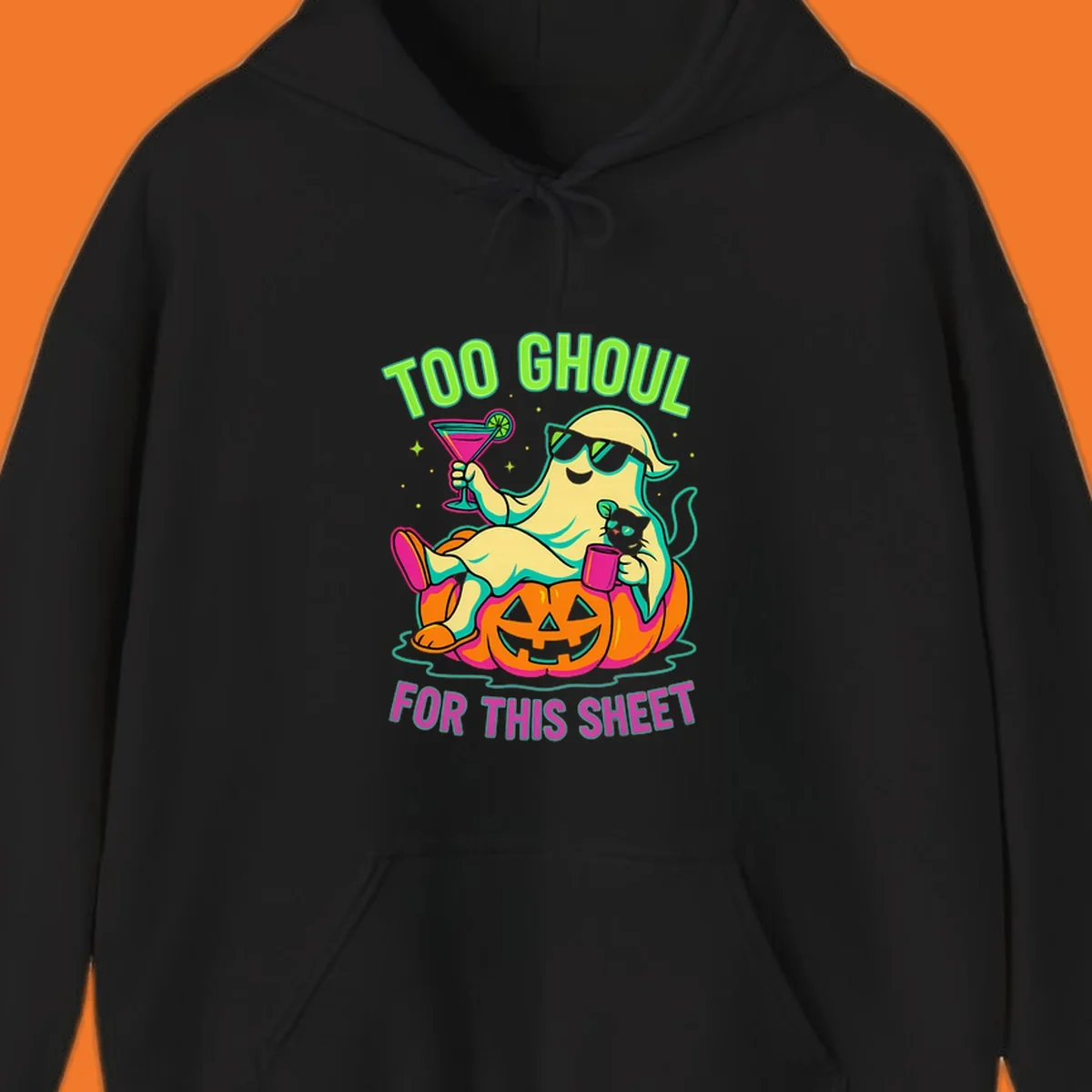 Ghost lounging on pumpkin with text 'Too Ghoul For This Sheet', Halloween design.