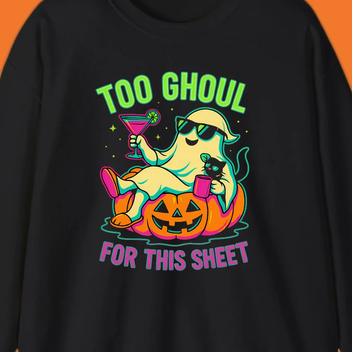 Ghost lounging on pumpkin with text 'Too Ghoul For This Sheet', Halloween design.