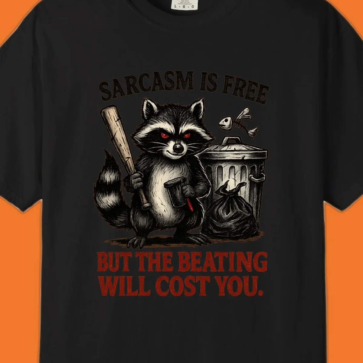 Sarcastic raccoon holding a bat and hammer with text 'Sarcasm is free but the beating will cost you.'