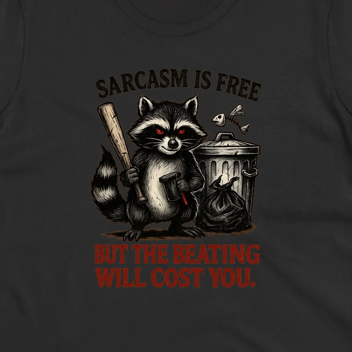Sarcastic raccoon holding a bat and hammer with text 'Sarcasm is free but the beating will cost you.'
