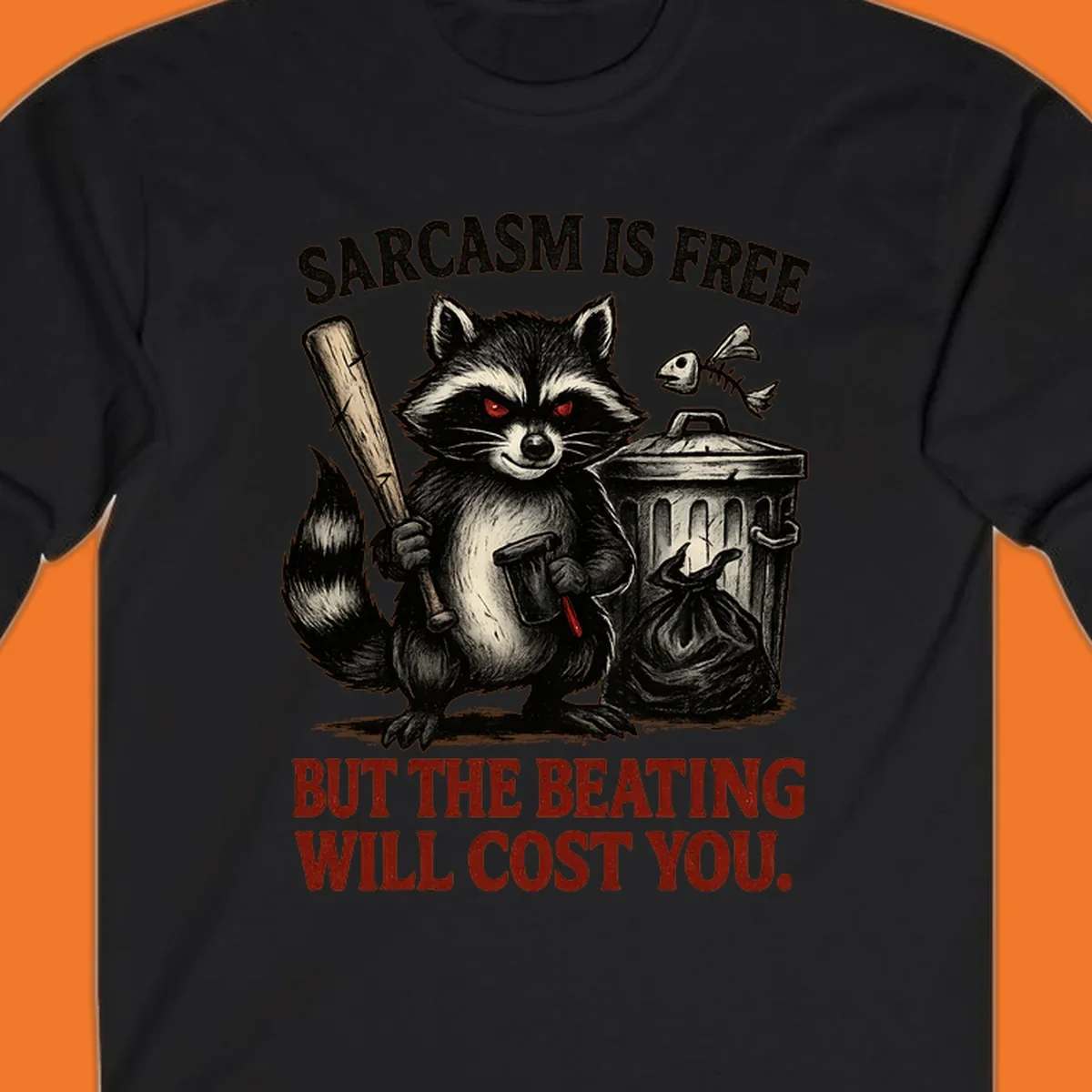 Sarcastic raccoon holding a bat and hammer with text 'Sarcasm is free but the beating will cost you.'