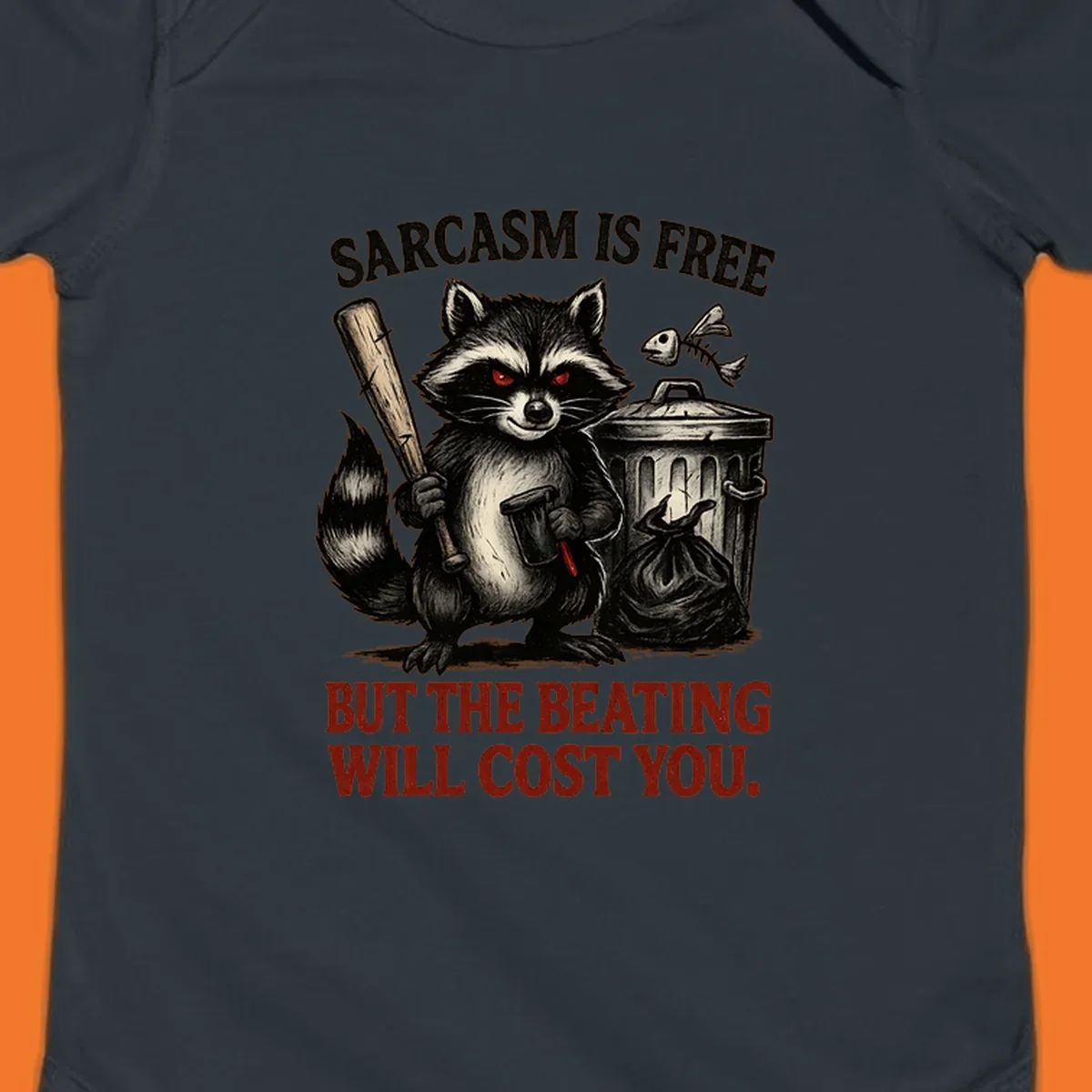 Sarcastic raccoon holding a bat and hammer with text 'Sarcasm is free but the beating will cost you.'