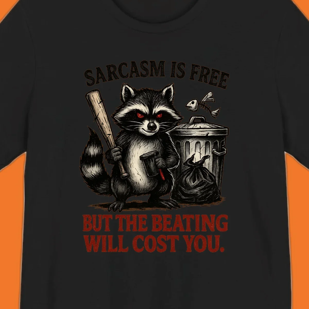 Sarcastic raccoon holding a bat and hammer with text 'Sarcasm is free but the beating will cost you.'