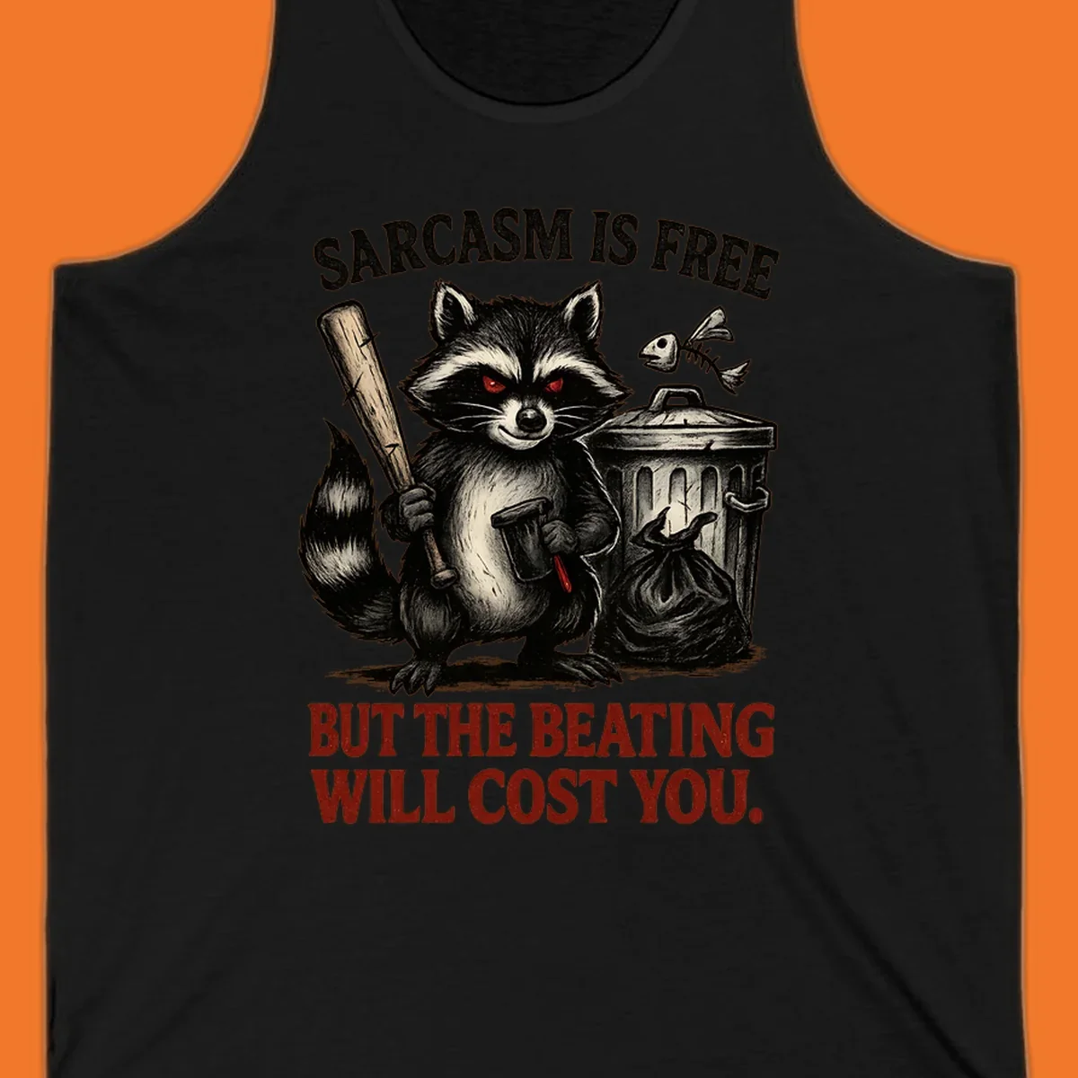 Sarcastic raccoon holding a bat and hammer with text 'Sarcasm is free but the beating will cost you.'
