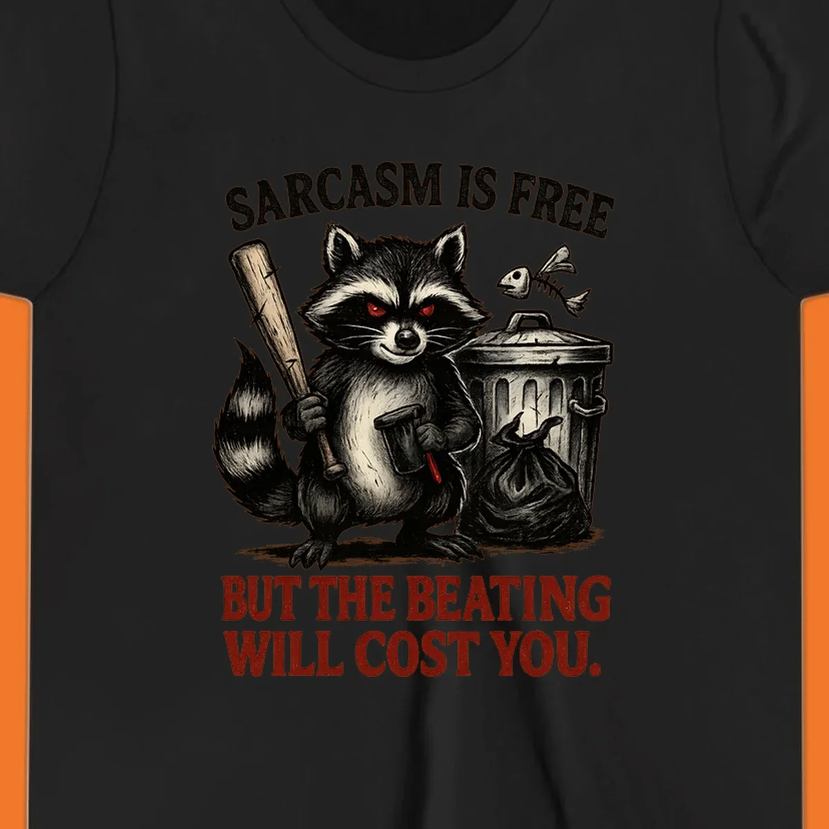 Sarcastic raccoon holding a bat and hammer with text 'Sarcasm is free but the beating will cost you.'