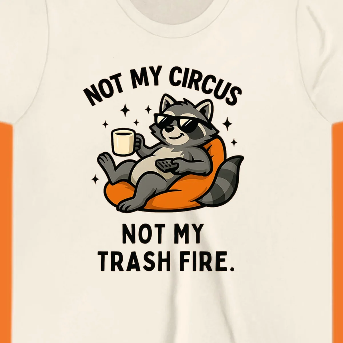 Illustration of a raccoon in sunglasses relaxing with coffee and remote, text 'Not My Circus Not My Trash Fire'.