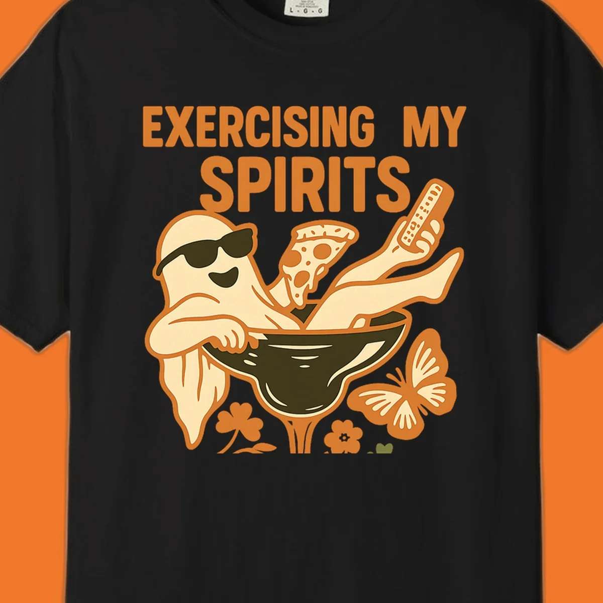 Ghost relaxing in cocktail glass with pizza and remote, text Exercising My Spirits. This design is great for Halloween.