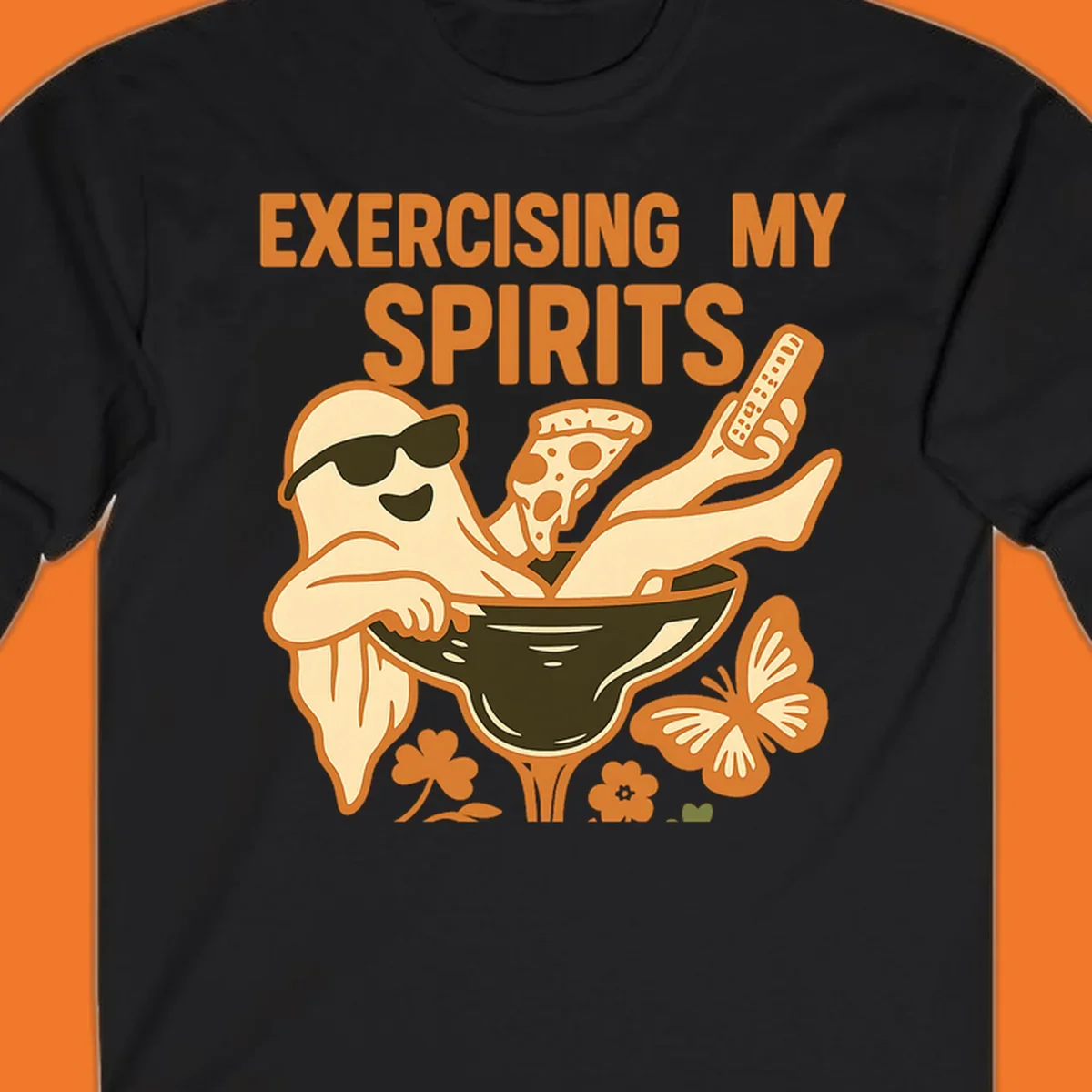 Ghost relaxing in cocktail glass with pizza and remote, text Exercising My Spirits. This design is great for Halloween.