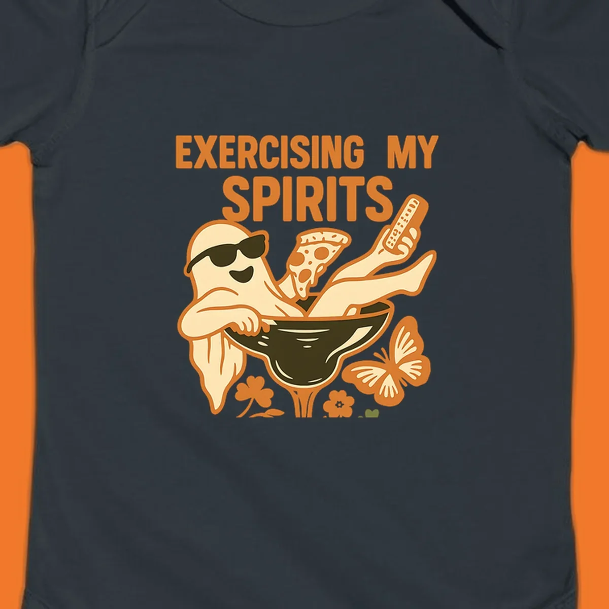 Ghost relaxing in cocktail glass with pizza and remote, text Exercising My Spirits. This design is great for Halloween.