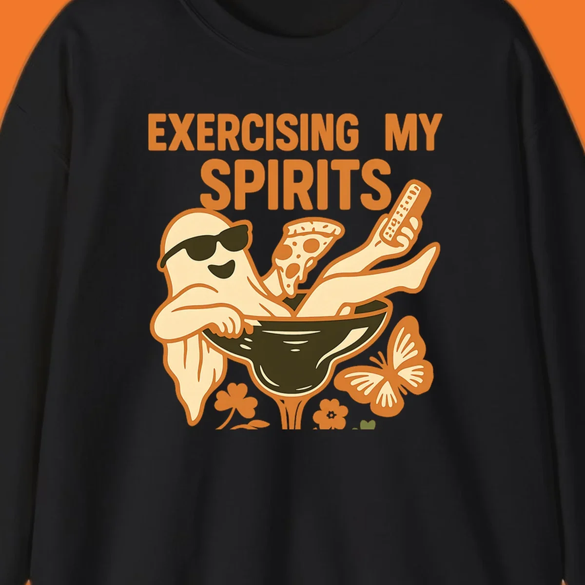 Ghost relaxing in cocktail glass with pizza and remote, text Exercising My Spirits. This design is great for Halloween.