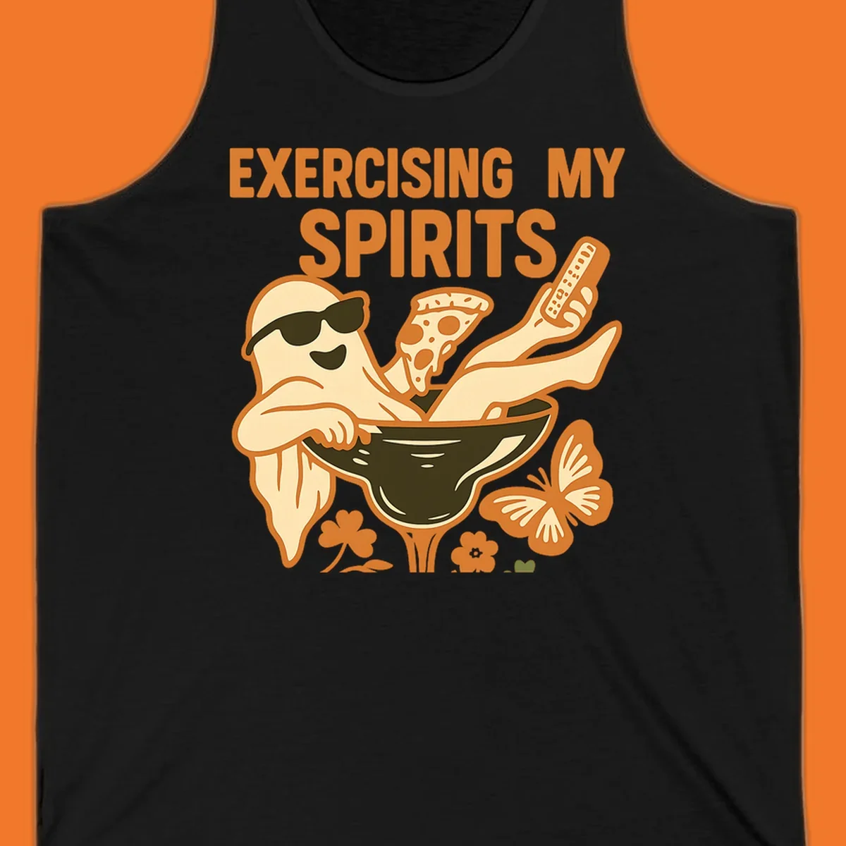 Ghost relaxing in cocktail glass with pizza and remote, text Exercising My Spirits. This design is great for Halloween.