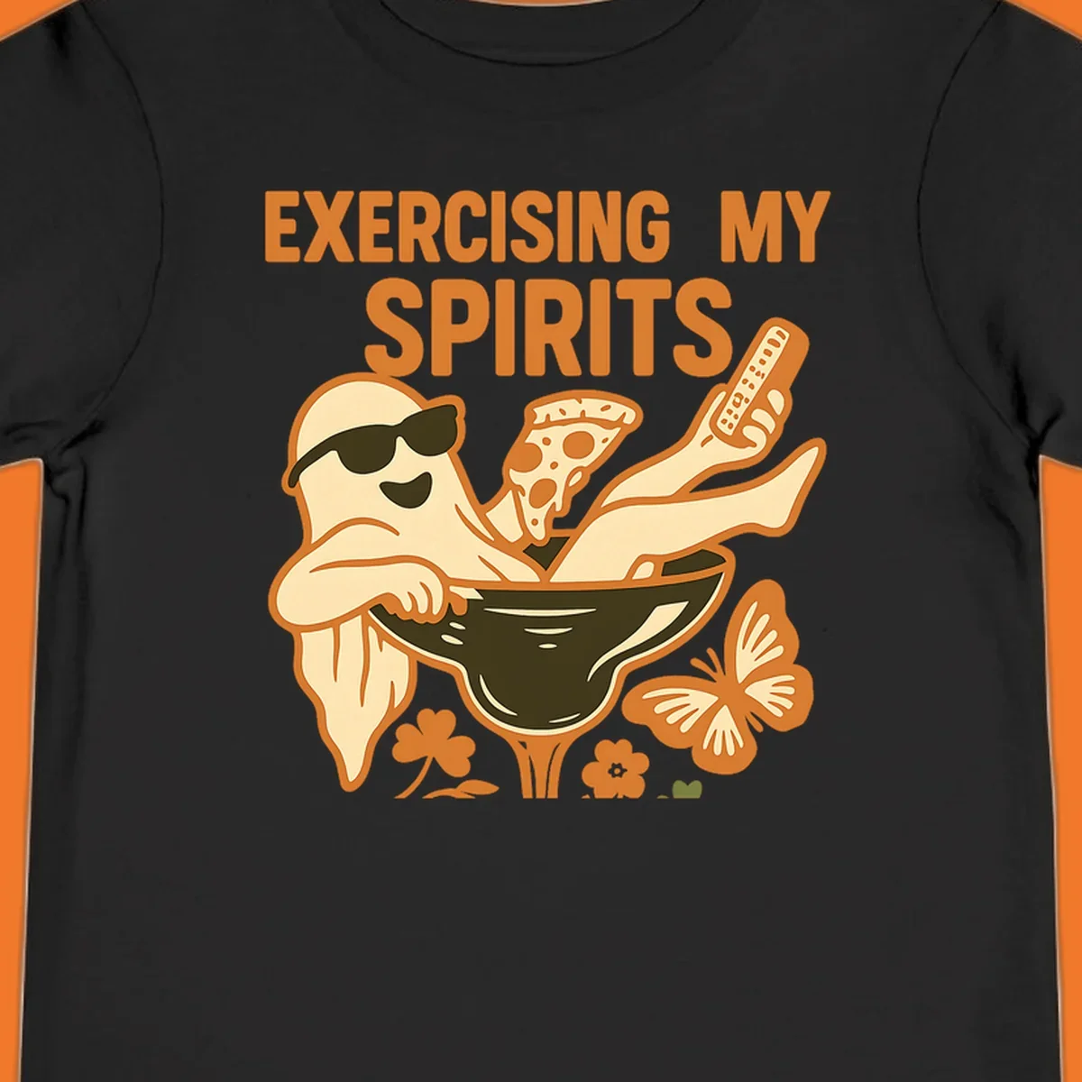 Ghost relaxing in cocktail glass with pizza and remote, text Exercising My Spirits. This design is great for Halloween.