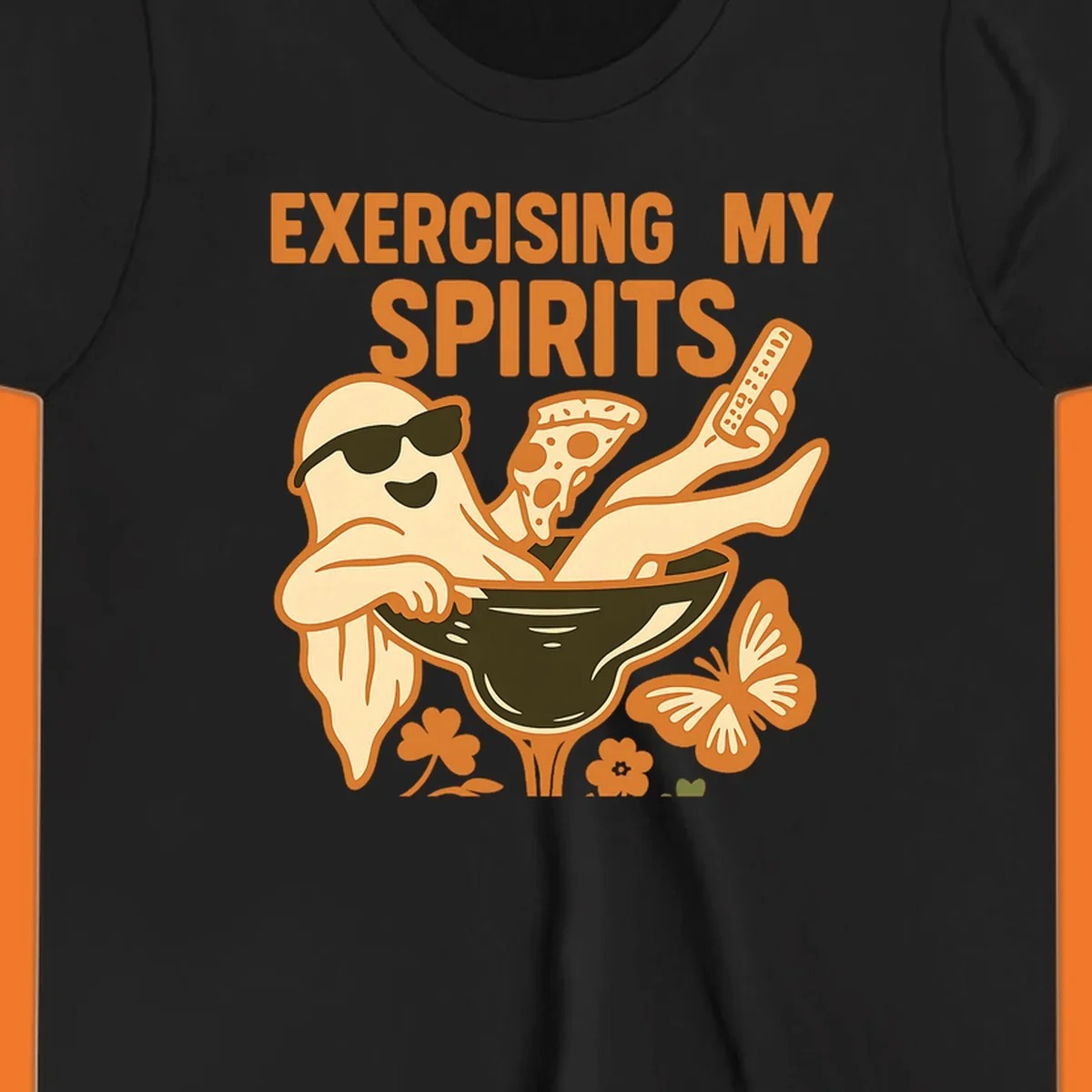 Ghost relaxing in cocktail glass with pizza and remote, text Exercising My Spirits. This design is great for Halloween.