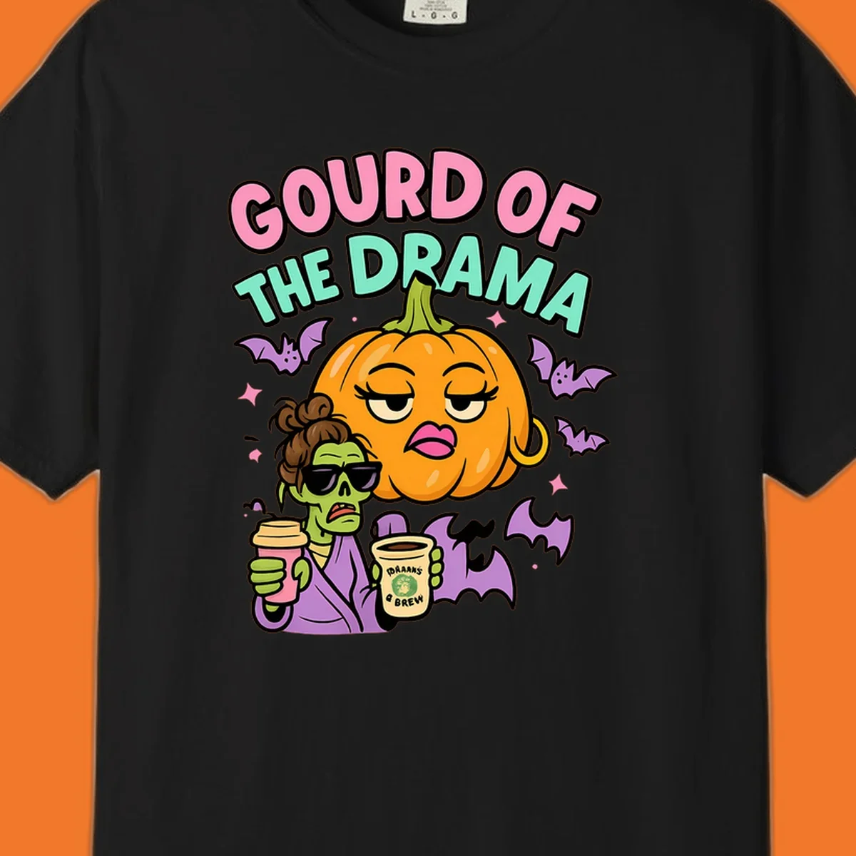 Gourd of the Drama Halloween design featuring a dramatic pumpkin and a zombie with coffee.