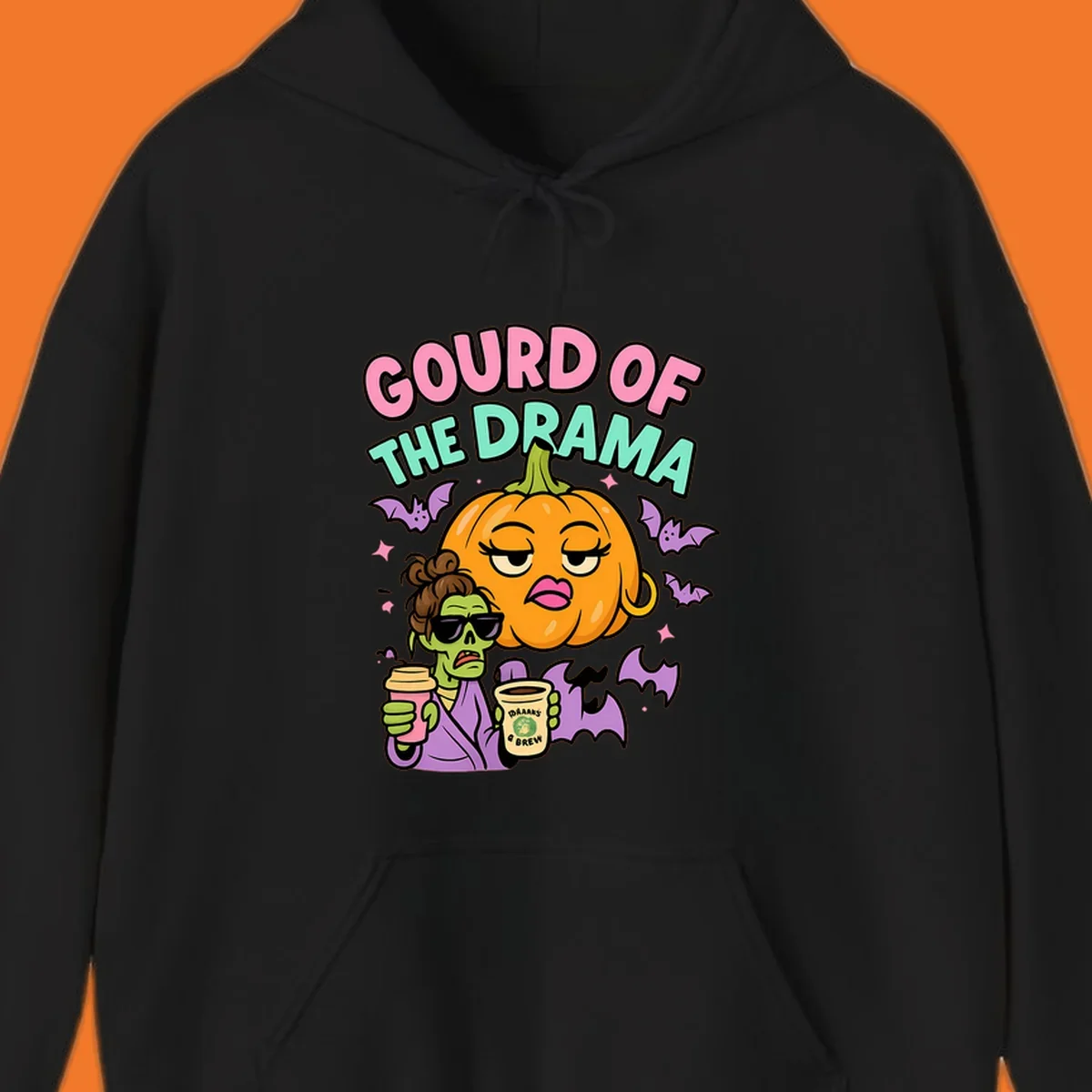 Gourd of the Drama Halloween design featuring a dramatic pumpkin and a zombie with coffee.