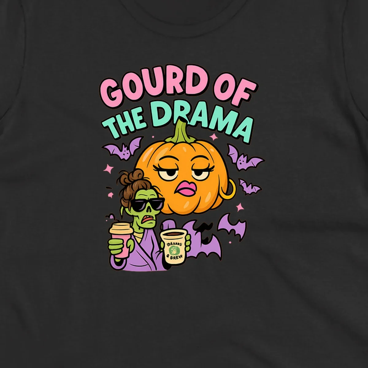 Gourd of the Drama Halloween design featuring a dramatic pumpkin and a zombie with coffee.