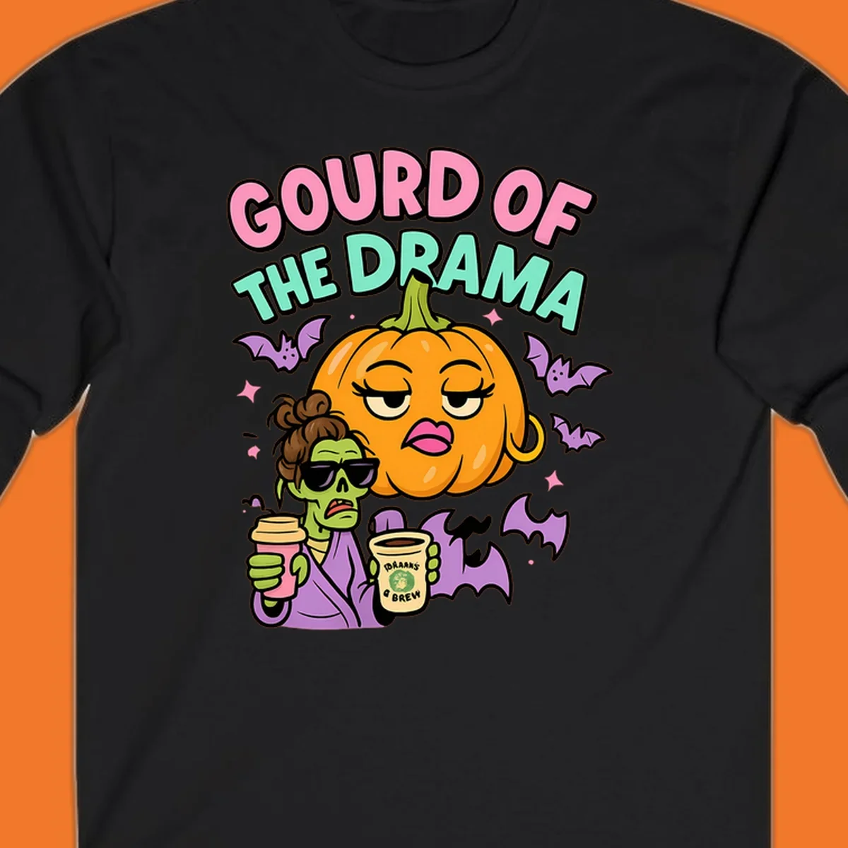Gourd of the Drama Halloween design featuring a dramatic pumpkin and a zombie with coffee.