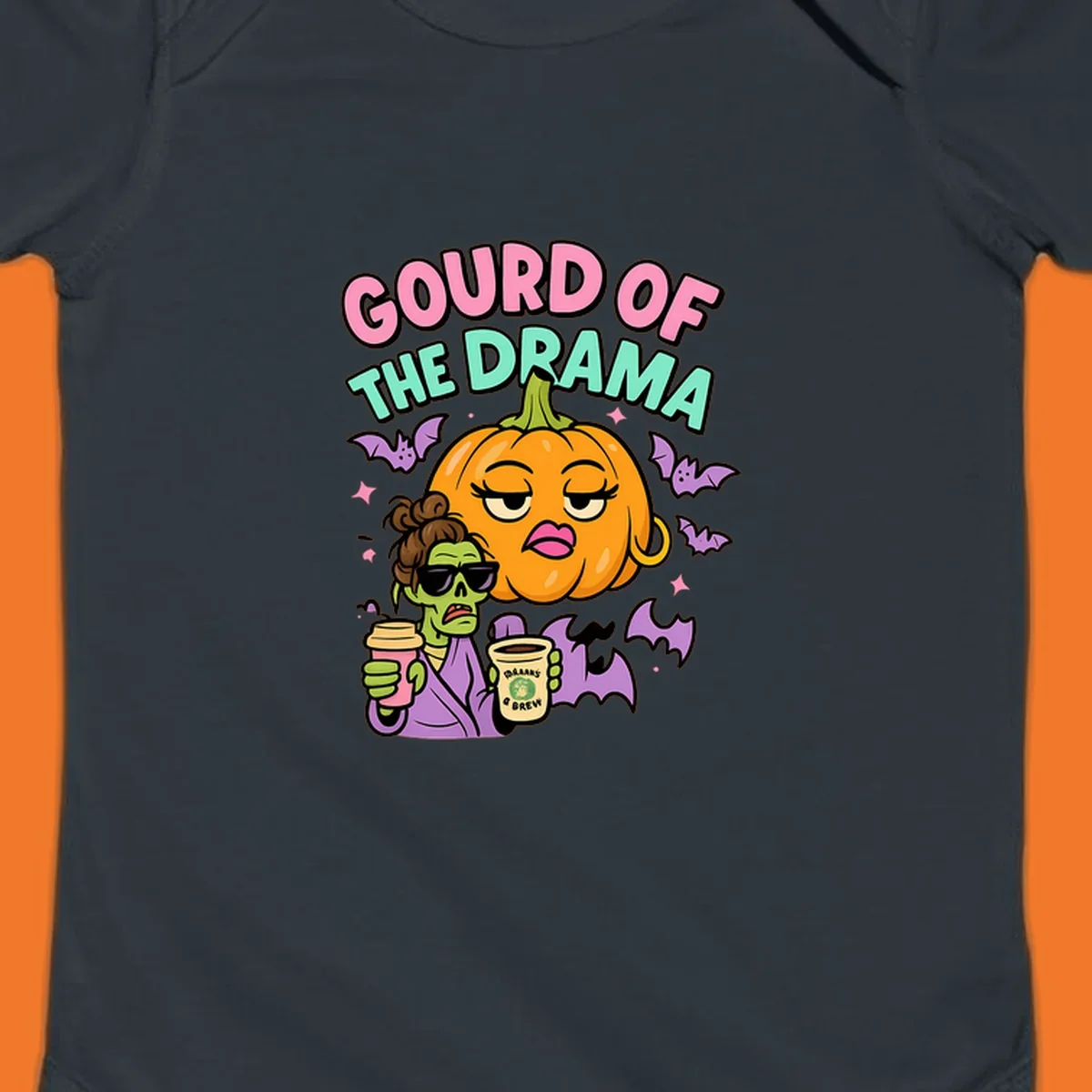 Gourd of the Drama Halloween design featuring a dramatic pumpkin and a zombie with coffee.