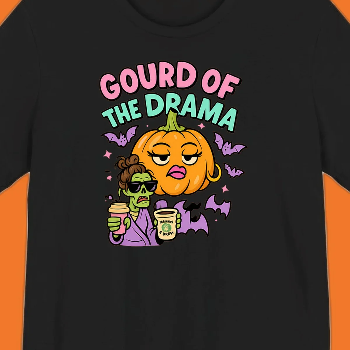 Gourd of the Drama Halloween design featuring a dramatic pumpkin and a zombie with coffee.