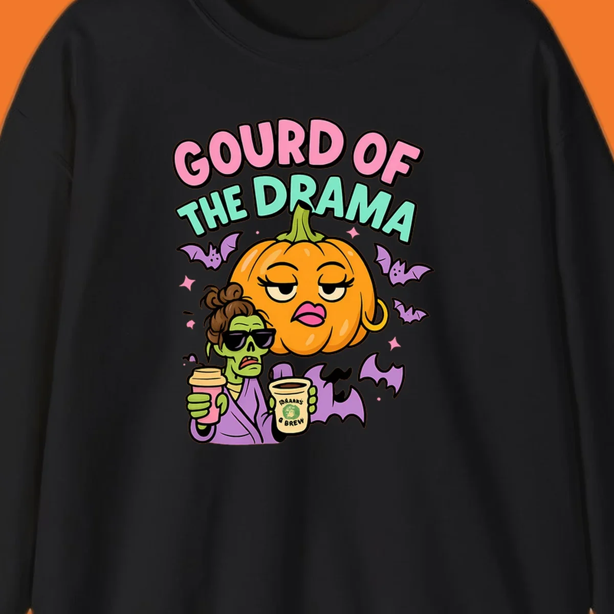 Gourd of the Drama Halloween design featuring a dramatic pumpkin and a zombie with coffee.