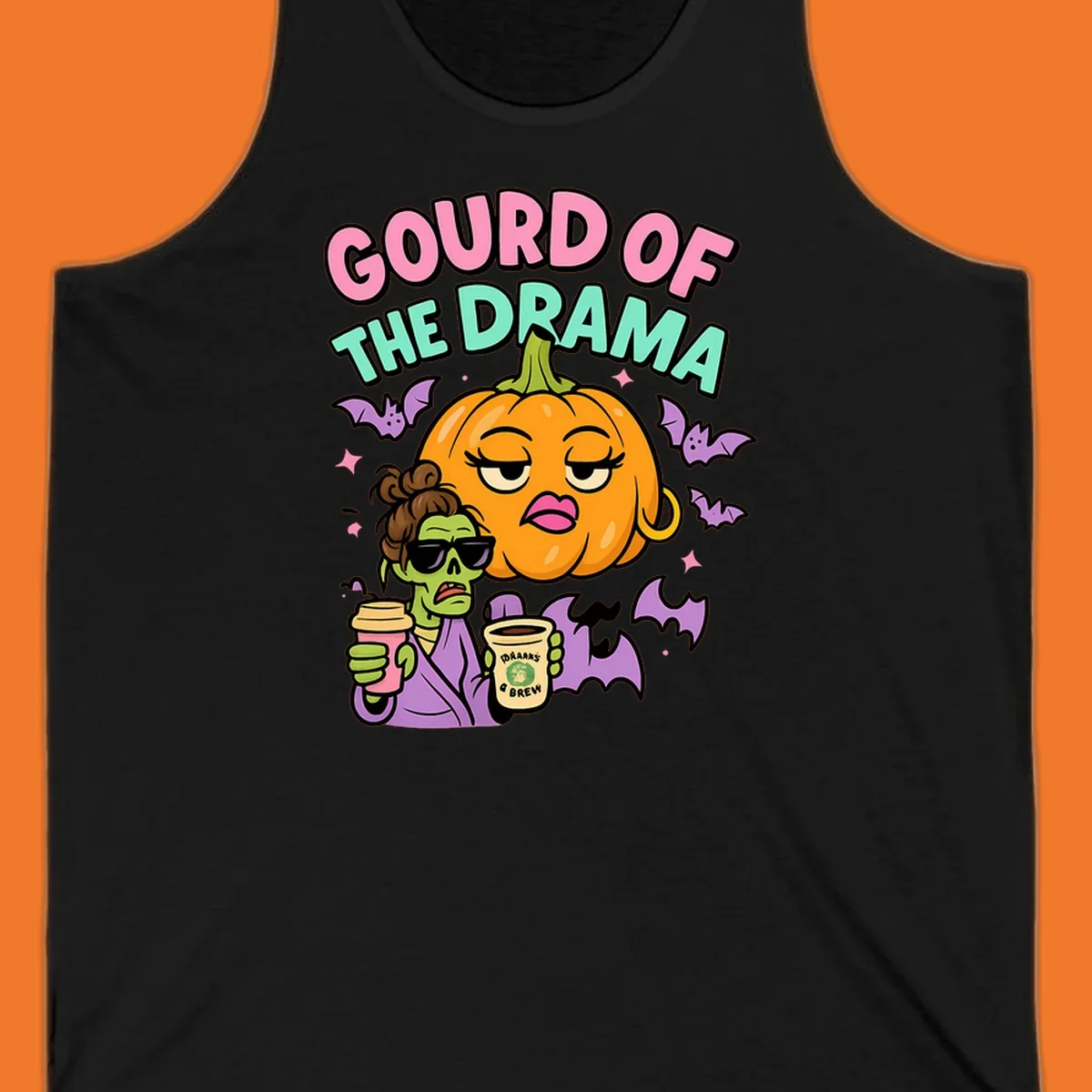 Gourd of the Drama Halloween design featuring a dramatic pumpkin and a zombie with coffee.