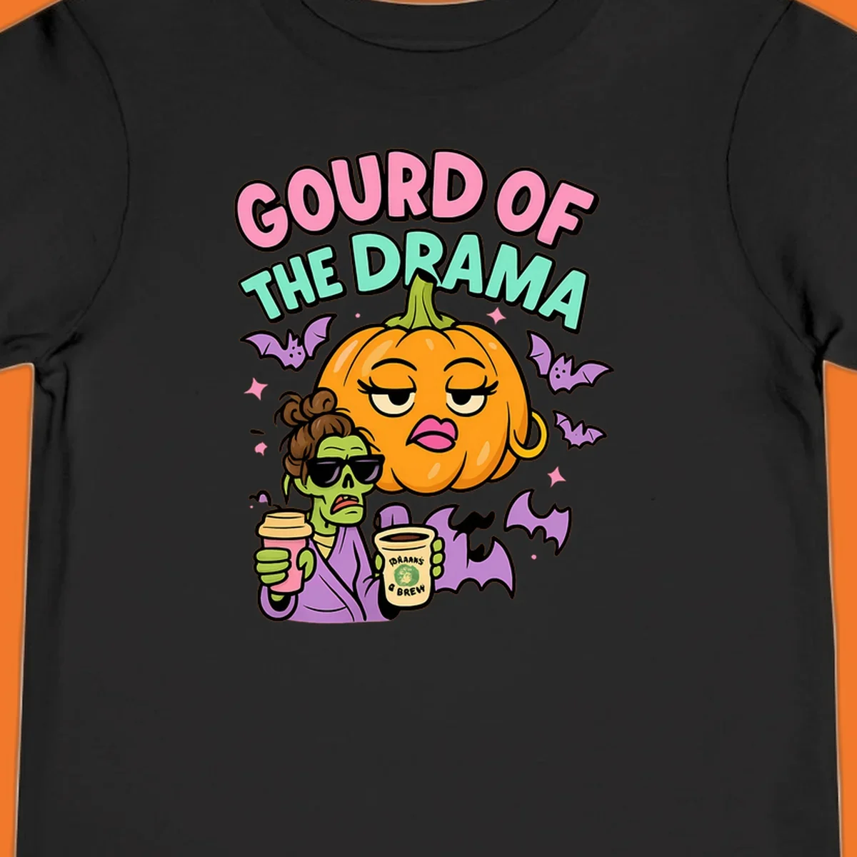 Gourd of the Drama Halloween design featuring a dramatic pumpkin and a zombie with coffee.