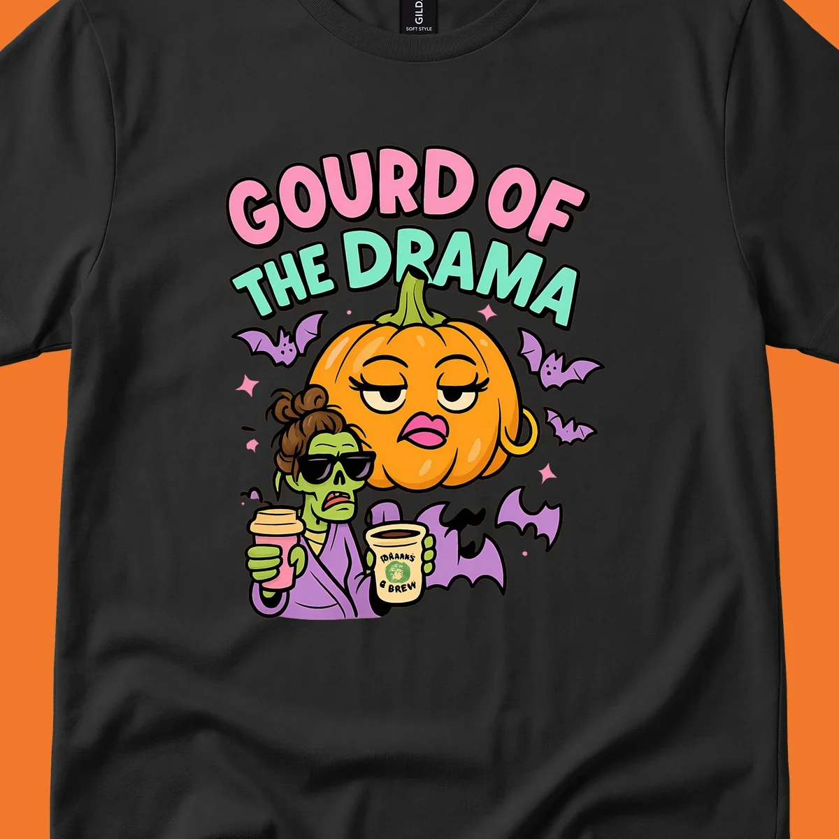 Gourd of the Drama Halloween design featuring a dramatic pumpkin and a zombie with coffee.