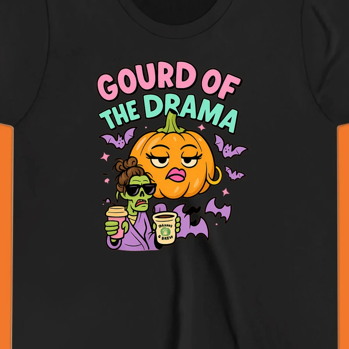 Gourd of the Drama Halloween design featuring a dramatic pumpkin and a zombie with coffee.