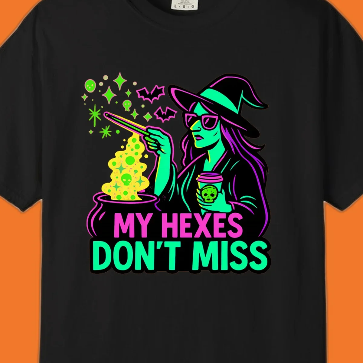 Witch with coffee and cauldron, text 'My Hexes Don't Miss'